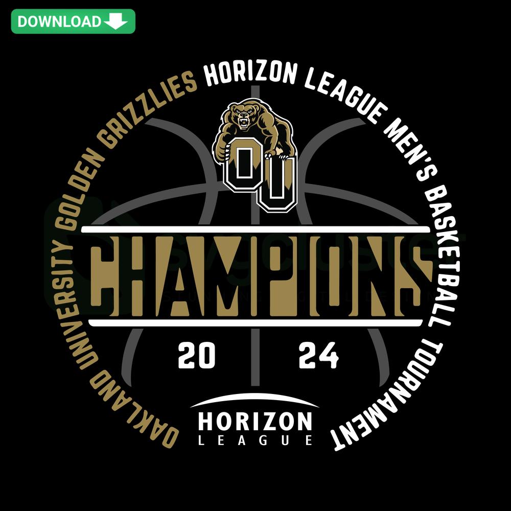 Oakland Golden Grizzlies 2024 Horizon Tournament Champions SVG, high-res logo design with basketball elements, perfect for fans.