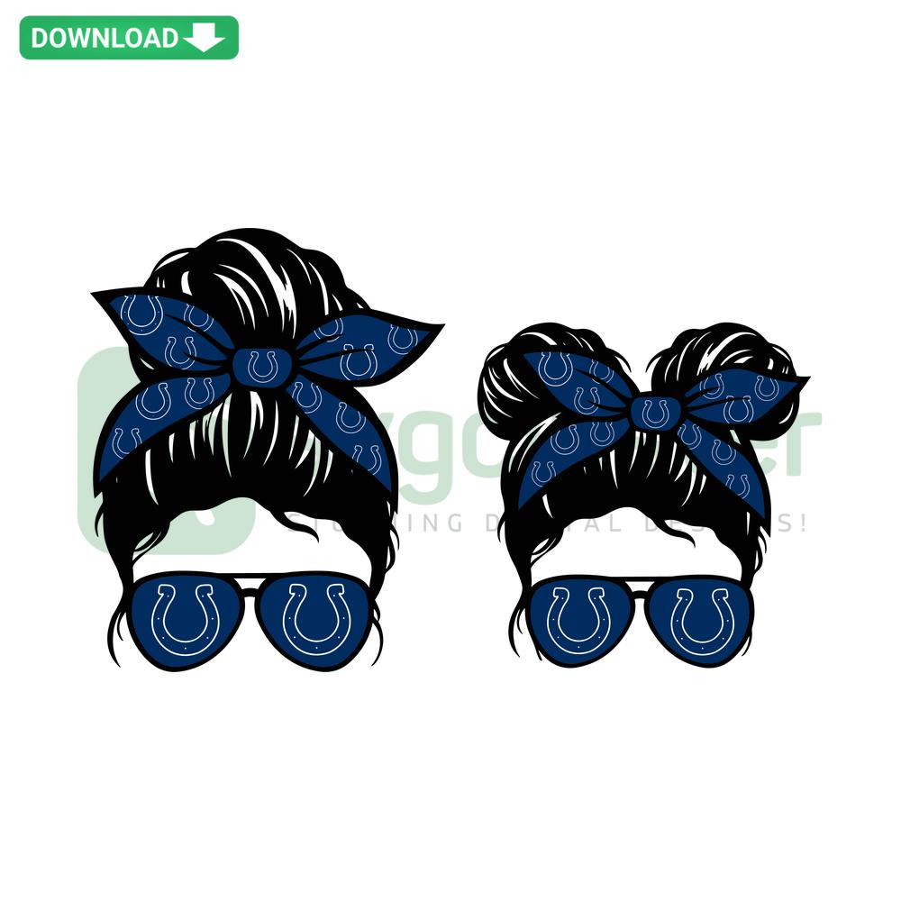 Indianapolis Colts Messy Bun Mom Kid SVG, Instant Download, Football Design, Cute Matching Graphics, Digital Clipart, Sports Fans