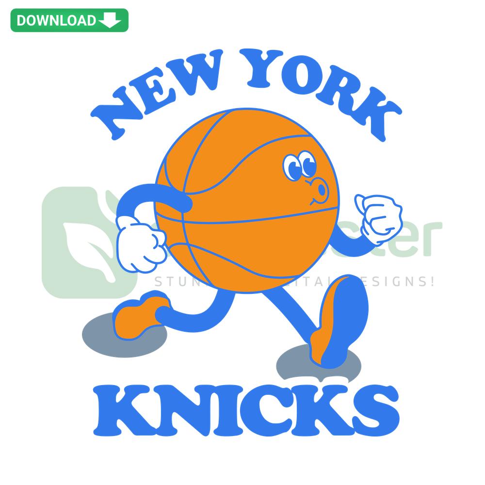 Cartoon basketball wearing Knicks jersey running, digital SVG file for New York Knicks fans, perfect for DIY projects.