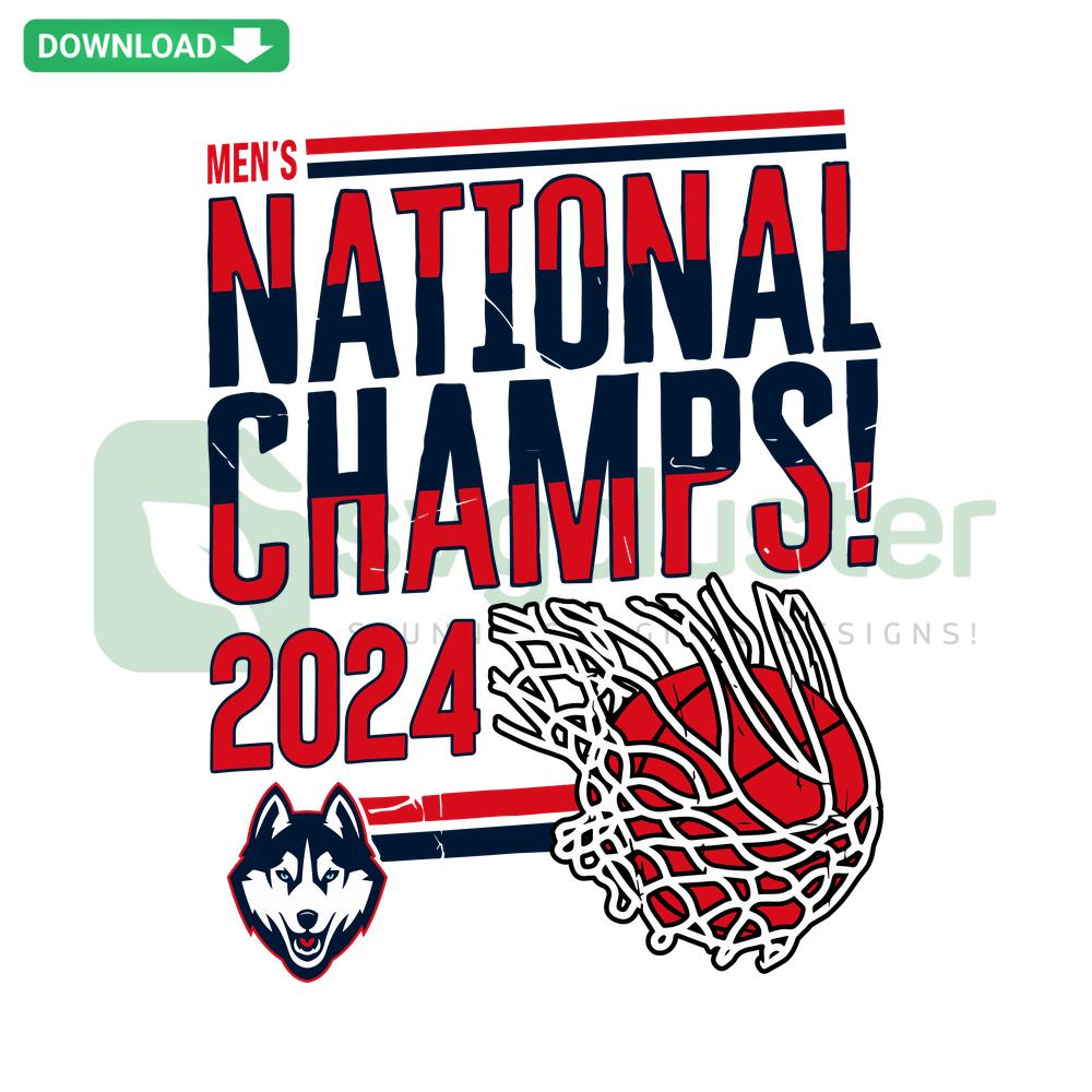 UConn Men's Basketball 2024 National Champions Swish SVG, high-quality design featuring bold text and dynamic basketball graphic.