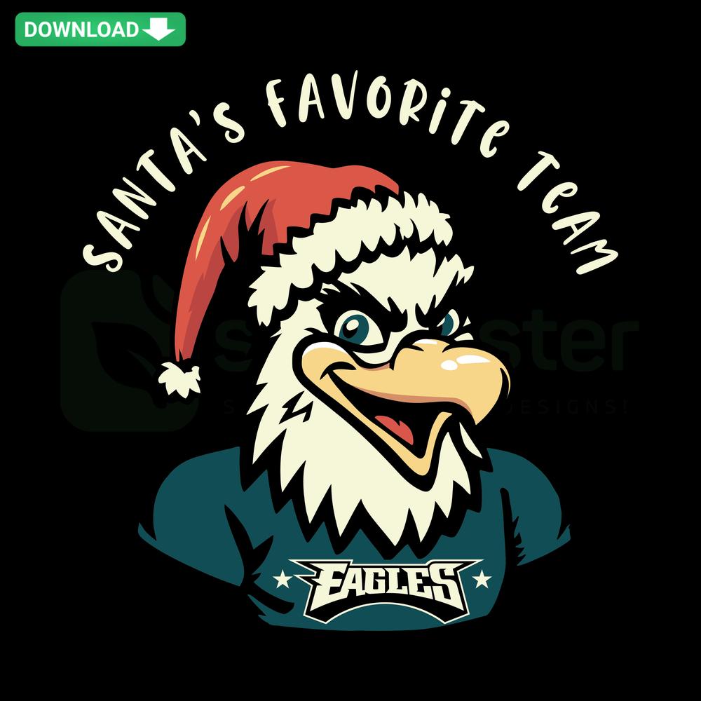 Eagles Football Christmas Santa's Favorite Team SVG, festive clip art featuring Santa hat, football, and Eagles logo. Perfect for crafts.