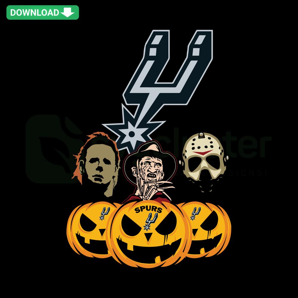 San Antonio Spurs Halloween Pumpkin SVG with horror movie elements, Cricut design, sports-themed Halloween craft file.