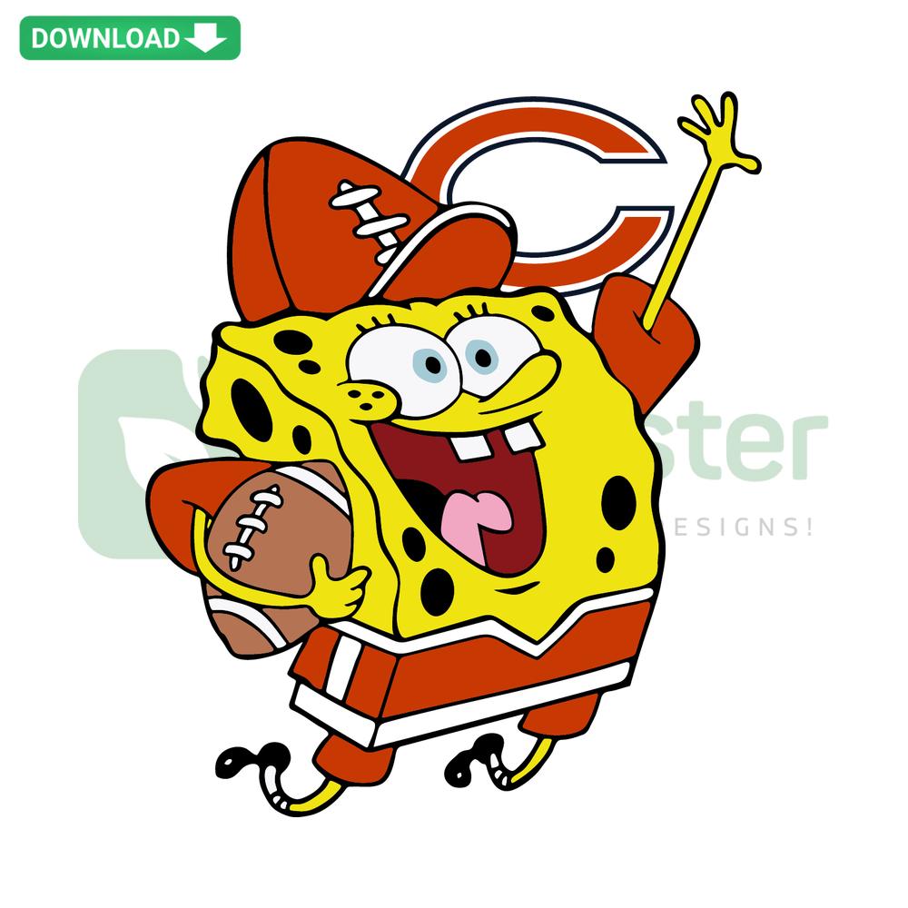Spongebob wearing Chicago Bears jersey, football in hand, vibrant SVG design, perfect for NFL fans. Premium graphics download.