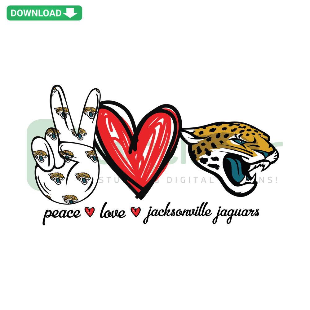 Peace Love Jaguars SVG: Jag print heart, peace sign, and jaguar head in vibrant design for Cricut crafts, digital download art.
