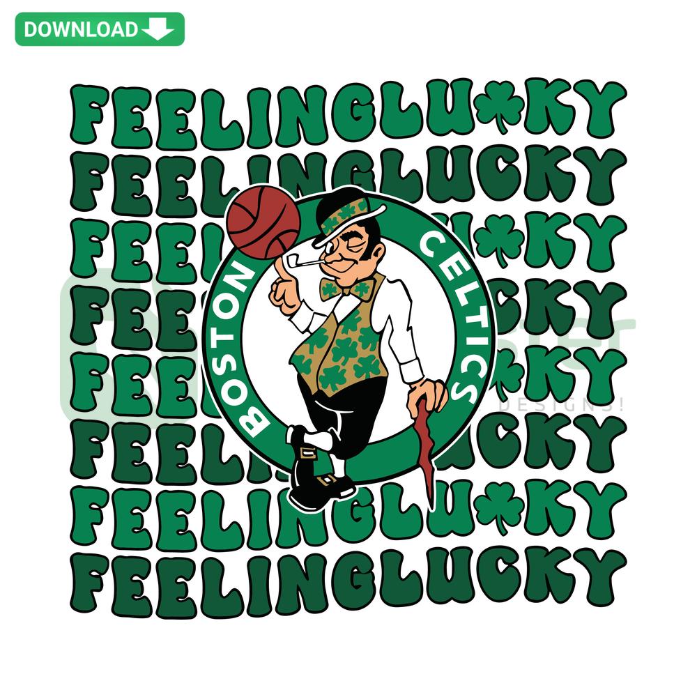 Boston Celtics St Patricks Day SVG: Green shamrock with 'Feeling Lucky' script, perfect for festive vector designs.