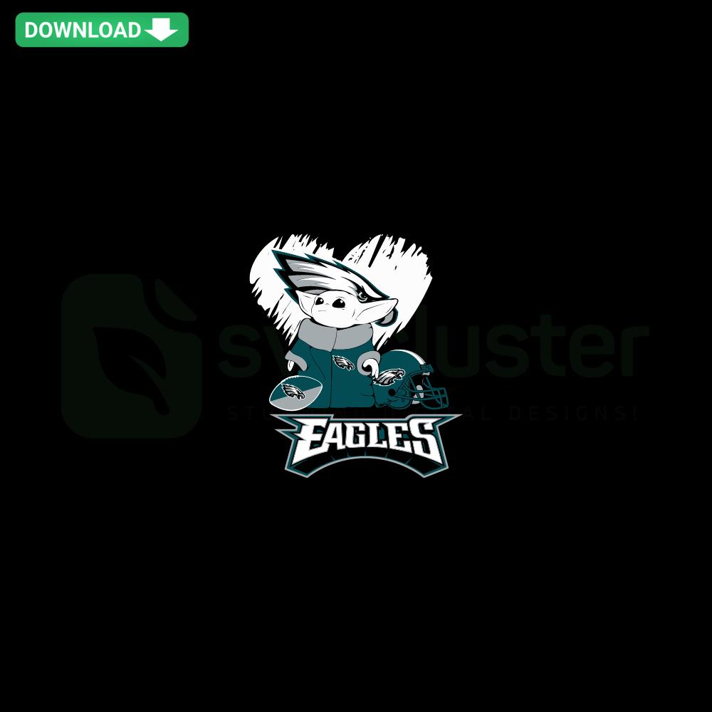 Baby Yoda wearing Philadelphia Eagles gear, heart graphic, SVG file for instant download, perfect for designers and Eagles fans.