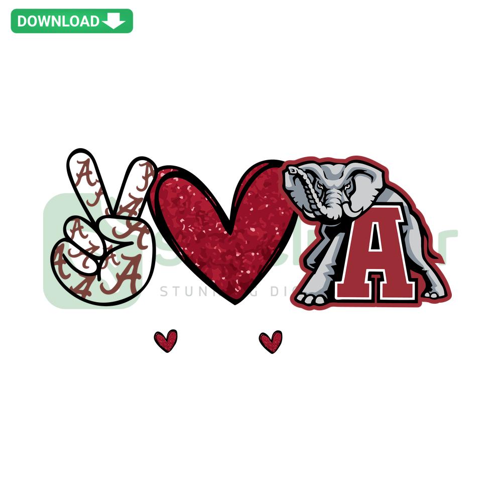 Peace Love Alabama SVG design featuring heart, peace symbol, Alabama state outline; suitable for Cricut projects, digital download.