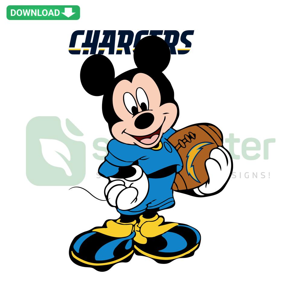 Los Angeles Chargers Mickey NFL SVG design featuring Mickey Mouse in team colors; ideal for fans, digital crafting, downloads.