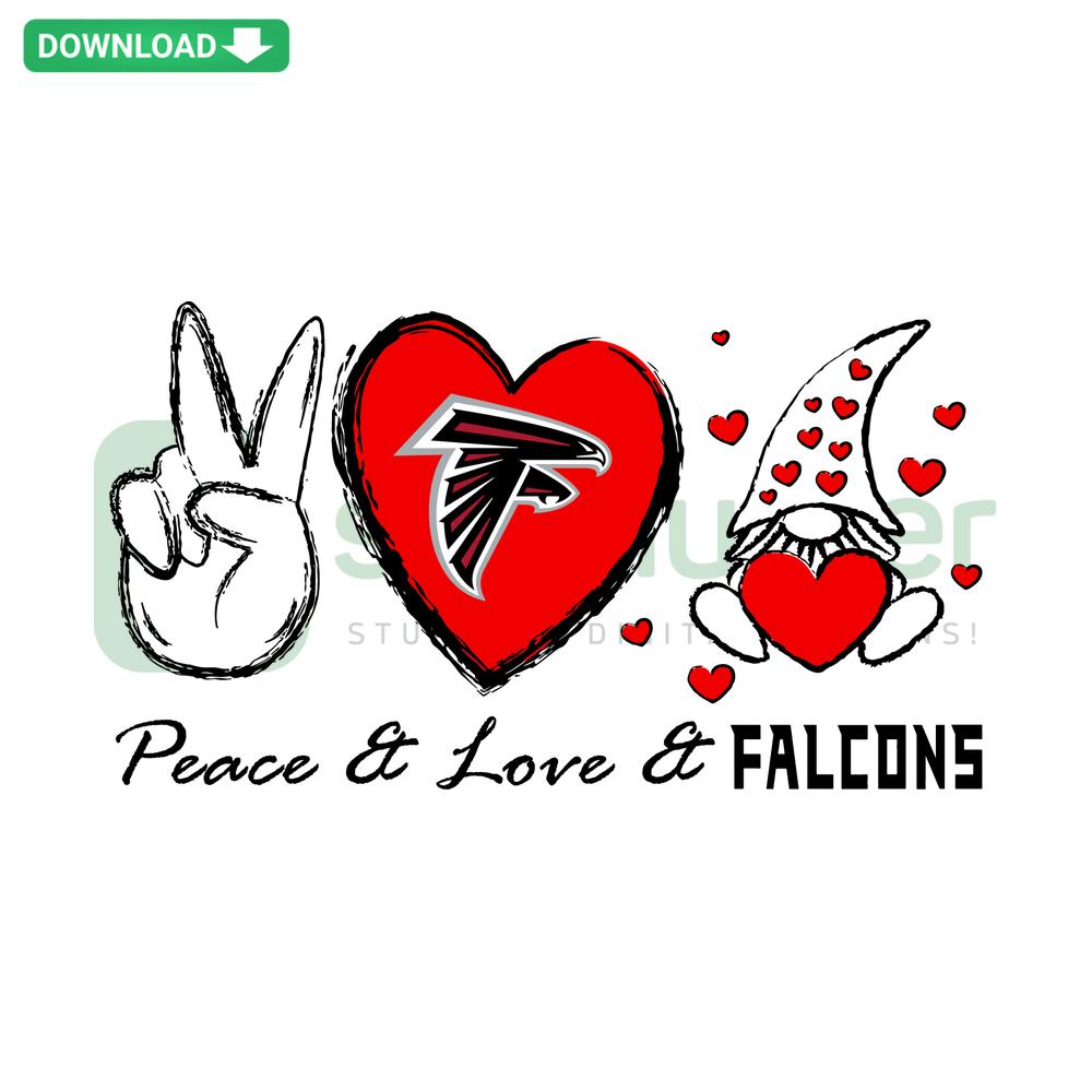 Peace Love Falcons SVG featuring heart symbol, peace sign, and falcon graphic, perfect for digital craft projects and printables.
