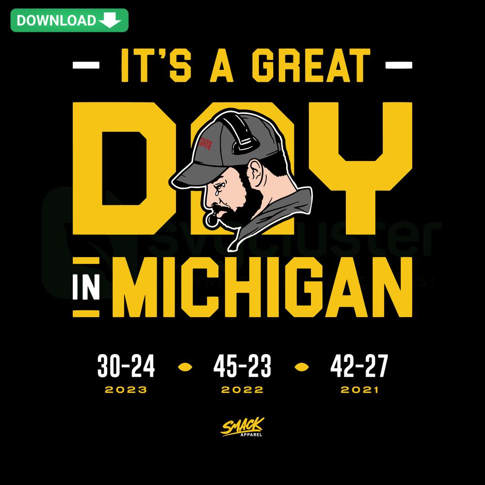 Michigan-themed SVG design featuring It's A Great Day In Michigan text, vibrant colors; ideal for crafting, digital downloads.