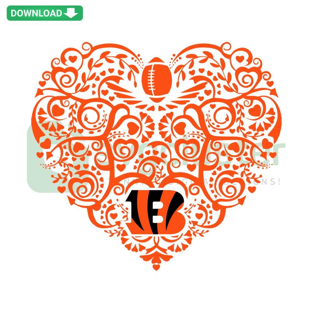 Cincinnati Bengals Football Heart SVG, Custom File; Heart-shaped football design featuring Bengals logo, ideal for personalized crafts.