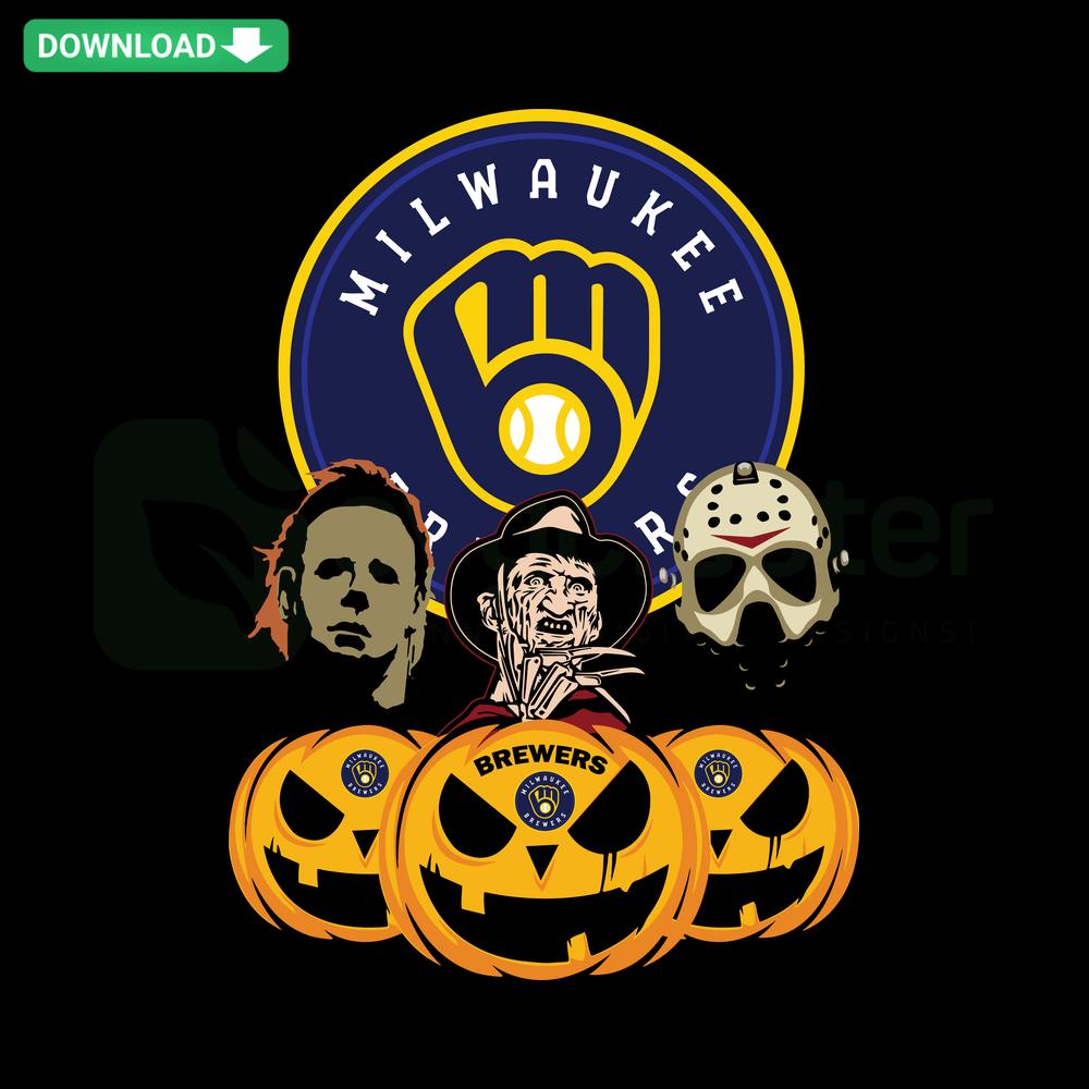 Milwaukee Brewers Halloween pumpkin SVG features horror movie elements; custom SVG design perfect for sports-themed Halloween crafts.