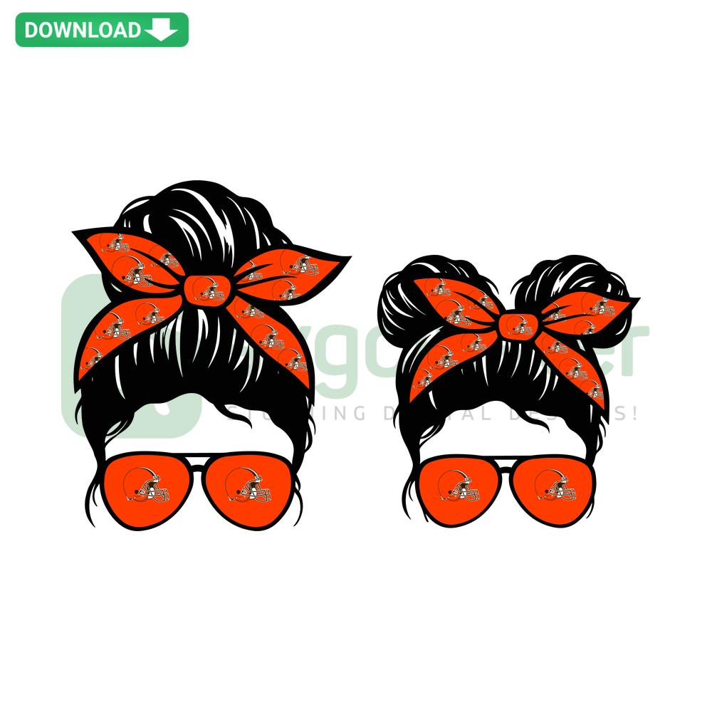 Cleveland Browns Messy Bun Mom Kid SVG, Football SVG, Unique SVG Designs, Sports Team Fan Art, Mom and Child Digital Design
