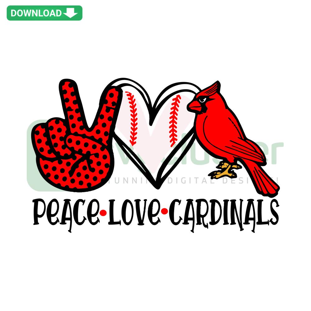 Peace Love Cardinals SVG: A vibrant design featuring peace sign, heart, and cardinal bird, perfect for crafting and commercial use.