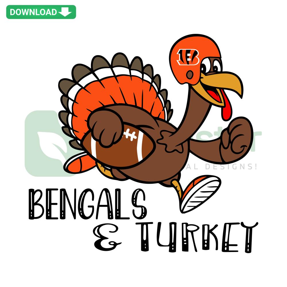 Bengals and Turkey Football SVG design, digital file download featuring turkey holding a football, perfect for Thanksgiving sports fans.
