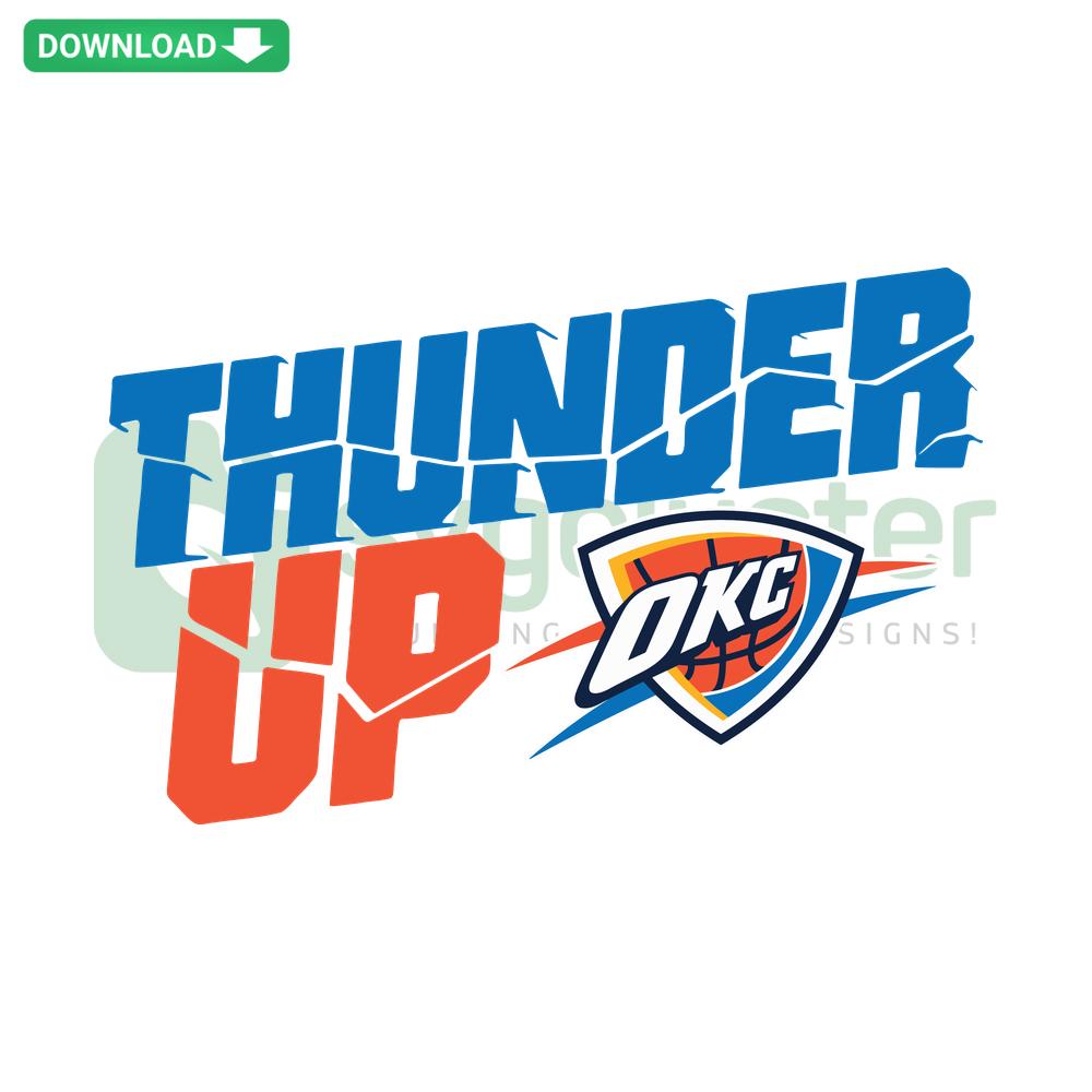 Thunder Up OKC Basketball NBA SVG digital design featuring bold OKC logo, vibrant colors, ideal for sports fans' instant download