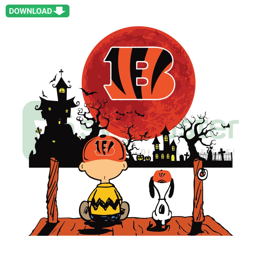 Charlie Brown & Snoopy watching Cincinnati Bengals SVG, cartoon crafting design, NFL fan art, Peanuts characters SVG.