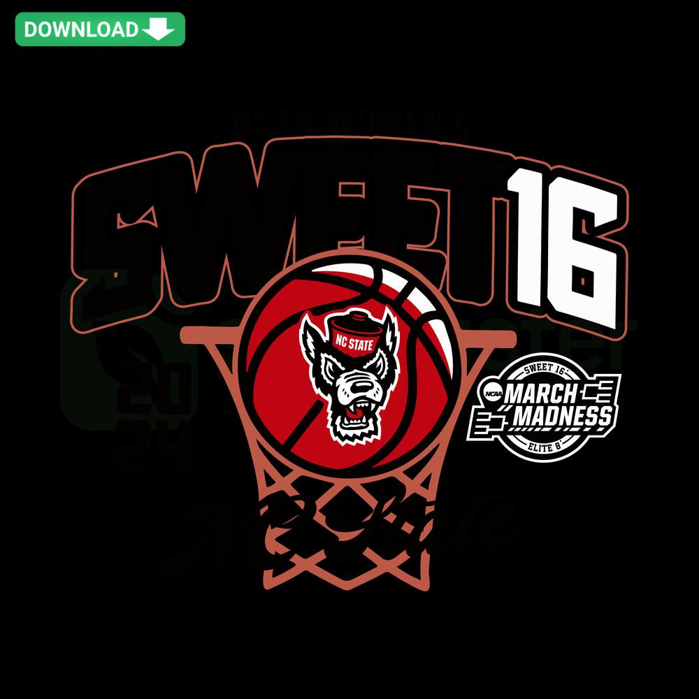 Womens Basketball Sweet 16 NC State NCAA SVG: Bold red font over basketball, digital printable for fans, ideal for crafting use