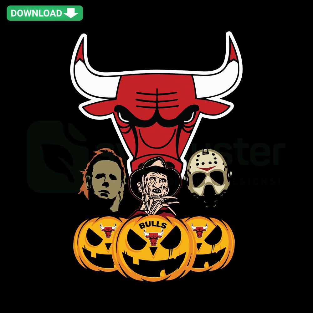 Chicago Bulls SVG featuring a Halloween horror movie pumpkin with bulls logo, perfect for Cricut crafts and Halloween-themed projects.