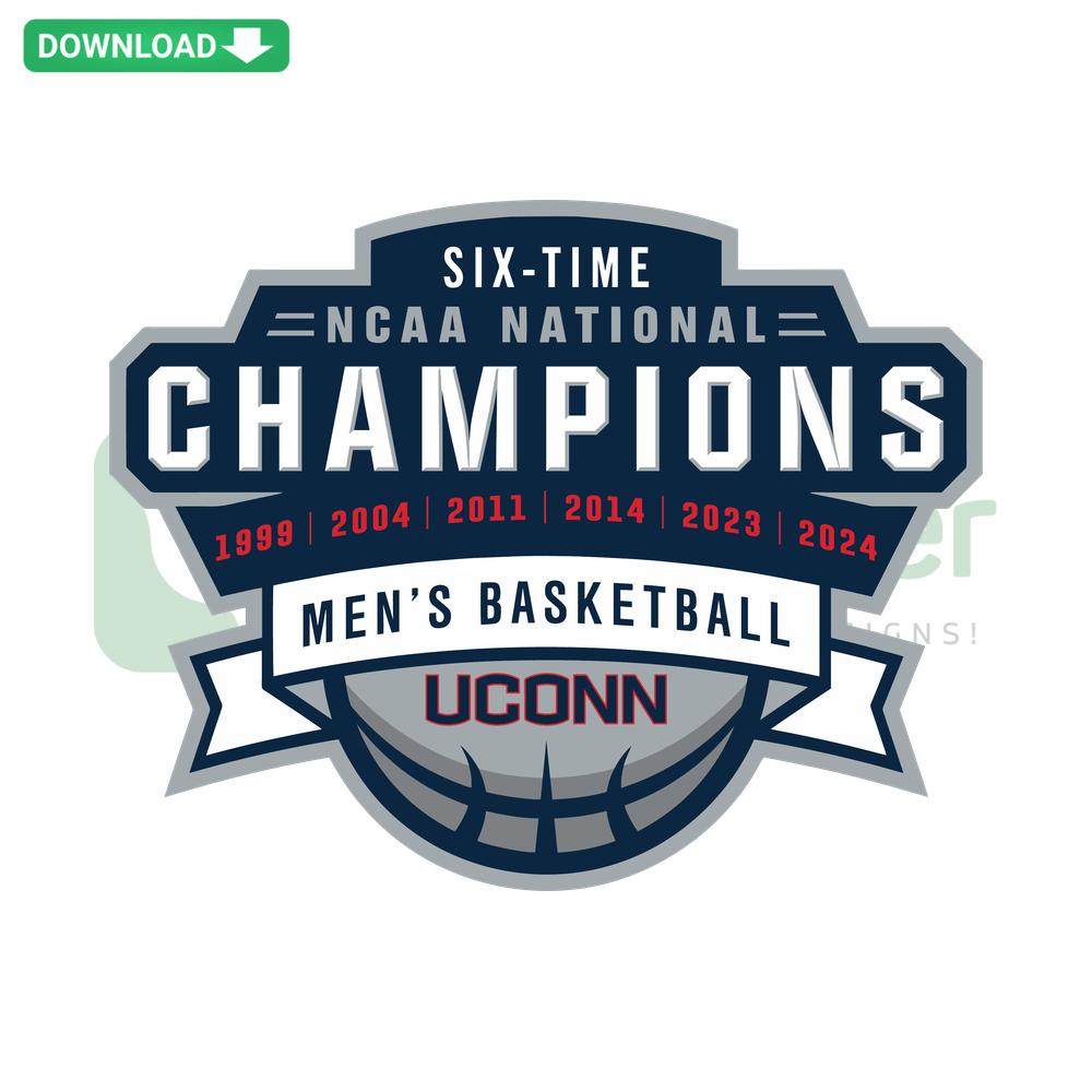 UConn Huskies NCAA Champions SVG, featuring 6x logo, blue and white basketball design, vector download.