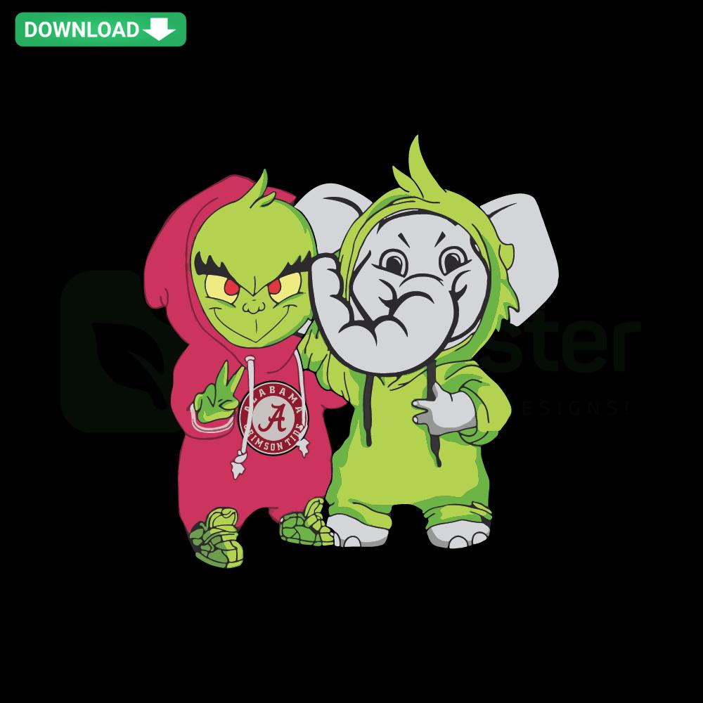 Baby Grinch and Baby Elephant with Alabama Crimson Tide logo SVG, perfect for Cricut design projects, peace and team spirit.