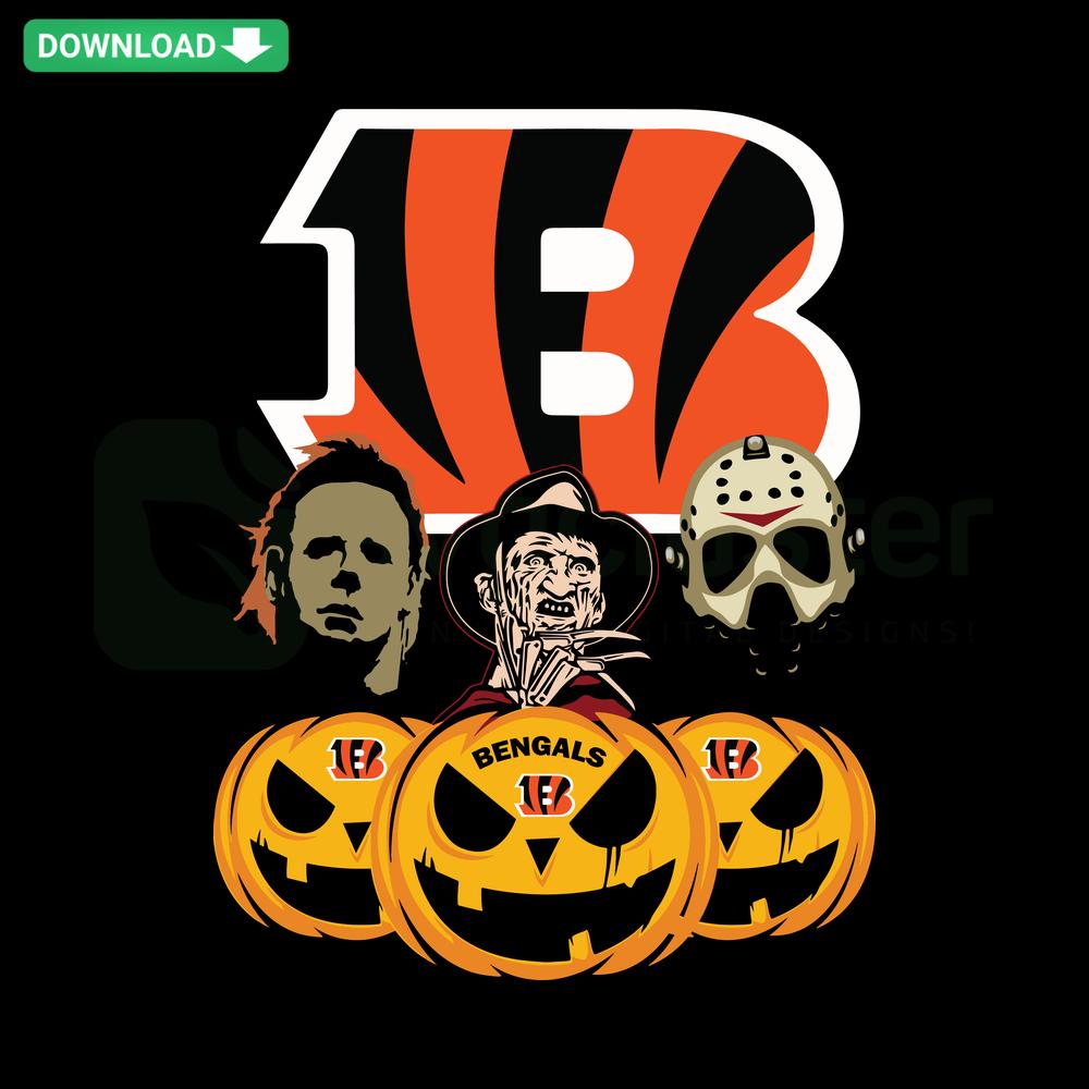 Cincinnati Bengals Halloween Pumpkin SVG featuring horror movie elements, perfect for crafting and design resources.