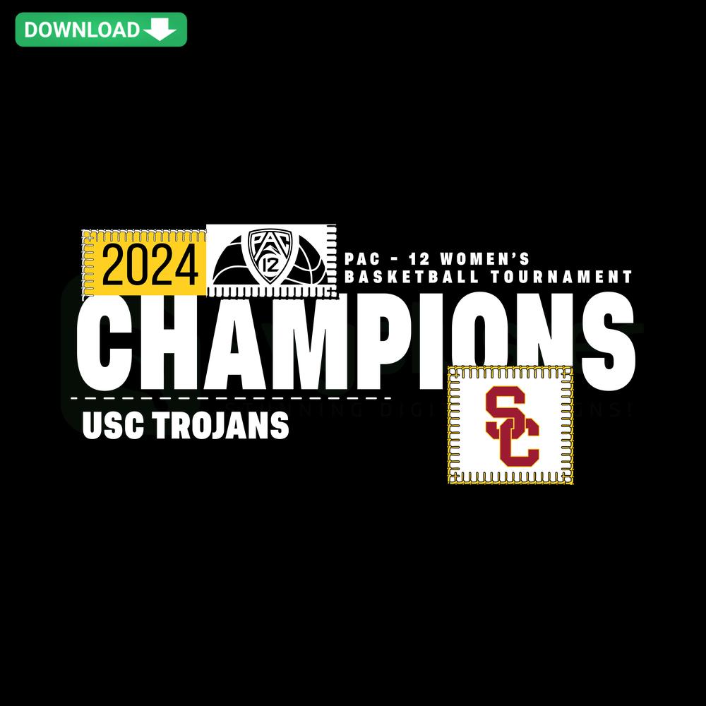 USC Trojans 2024 Women's Basketball Champions SVG: Bold text, team colors, trophy graphic; free high-quality download.