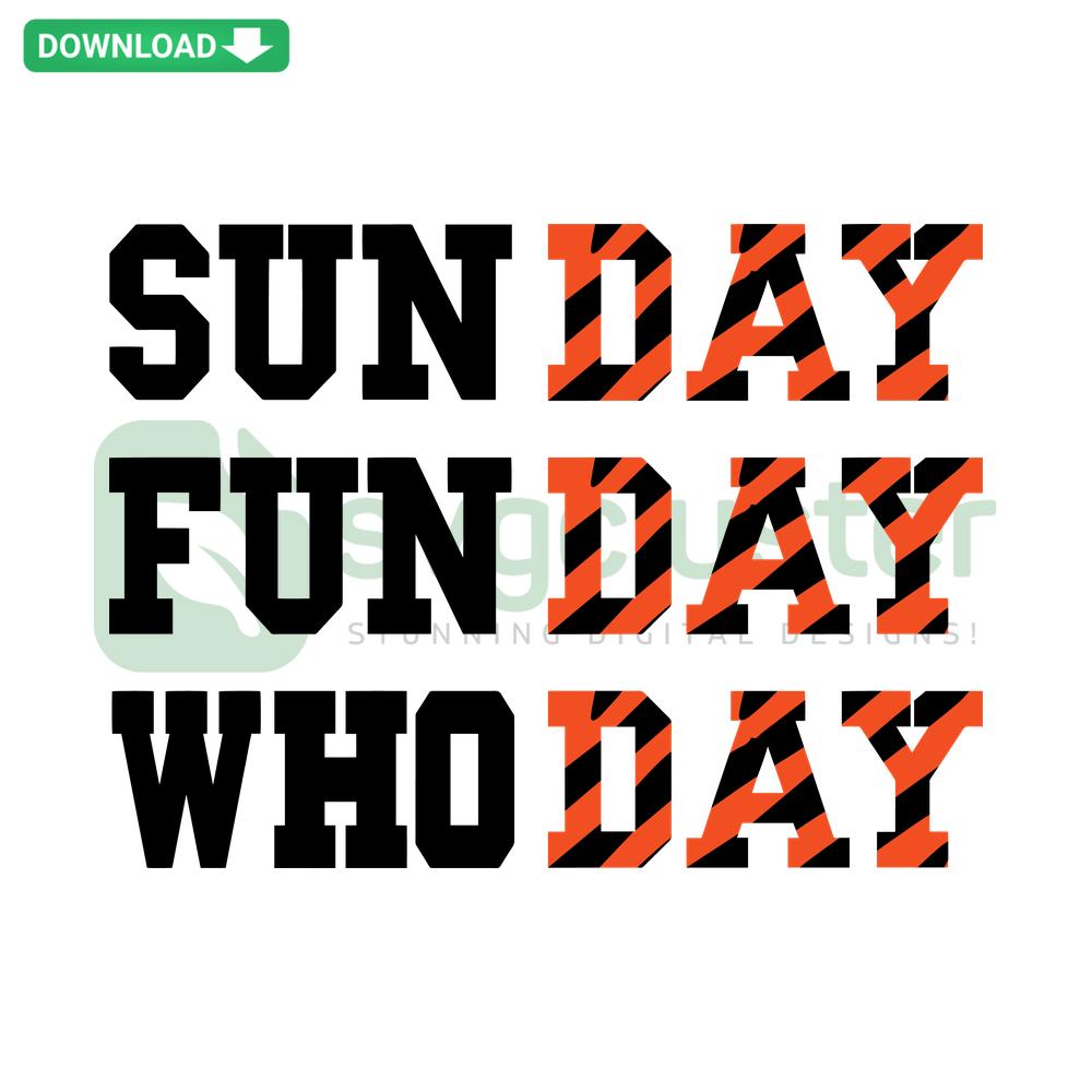 Sunday Fun Day Who Dey Football SVG featuring bold text and football graphics, instant digital download, perfect for sports fans.