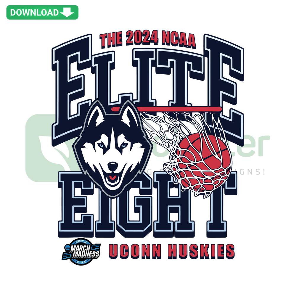 UConn MBB 2024 Elite Eight SVG design, featuring bold typography and basketball graphic. Download from SVGCluster Digital Assets.