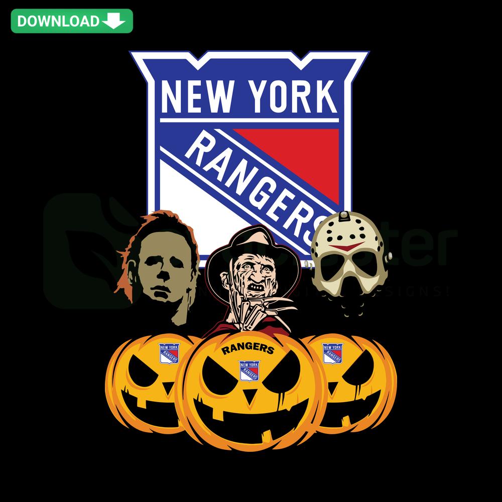 New York Rangers Halloween Pumpkin SVG featuring horror movie icons, custom SVG design for crafting and decor.