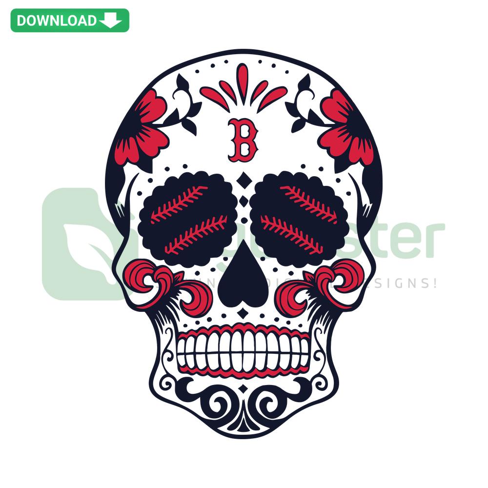 Boston Red Sox Sugar Skull SVG, vibrant digital download, printable craft design, Red Sox logo, Day of the Dead theme.