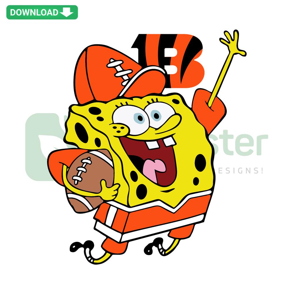 Spongebob wearing Cincinnati Bengals gear, juggling a football, unique SVG design, perfect for NFL fan crafts.
