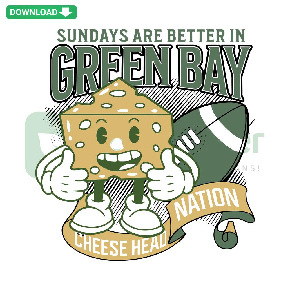 Cheesehead Nation SVG design featuring text Sundays Are Better In Green Bay with a stylized cheesehead and Packers colors.