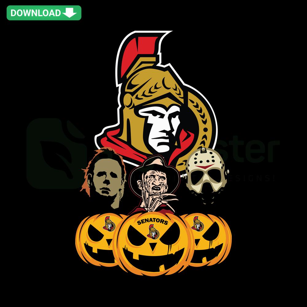 Ottawa Senators Halloween horror movie-themed pumpkin carving SVG, editable for Cricut featuring team logo and spooky elements.