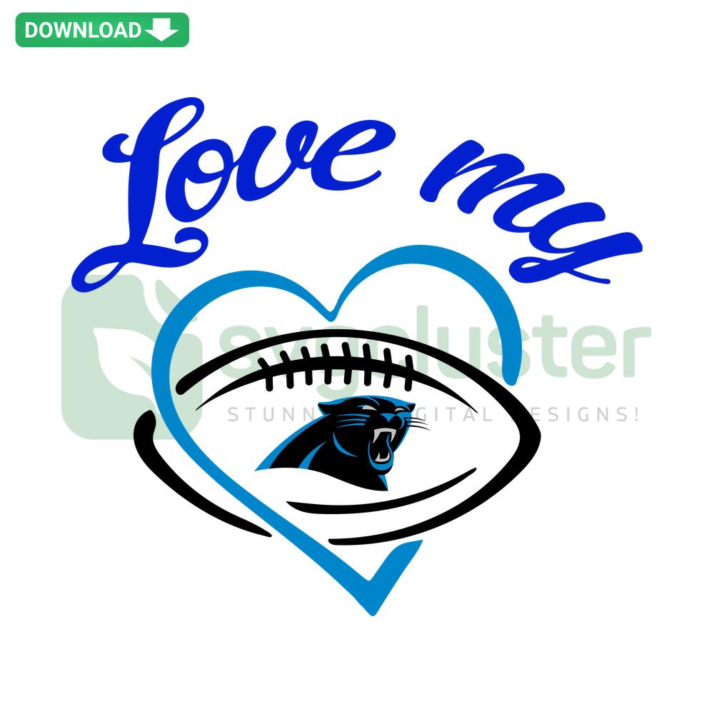 Vibrant Love My Carolina Panthers SVG with team logo and heart design; perfect for fans; digital download from SVGCluster.