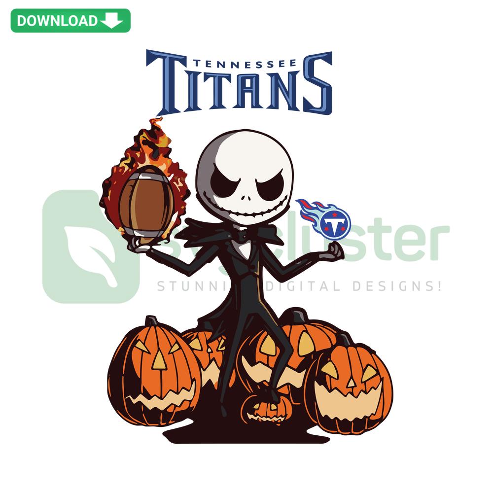 Jack Skellington in Titans gear, Halloween SVG, commercial use, Tennessee Titans, spooky football design, sports-themed pumpkin.
