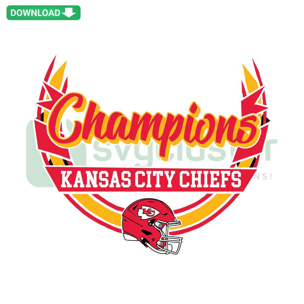 Kansas City Chiefs Super Bowl LVIII Champions SVG, Cricut Template. Bold red and yellow team logo, trophy, and confetti design.