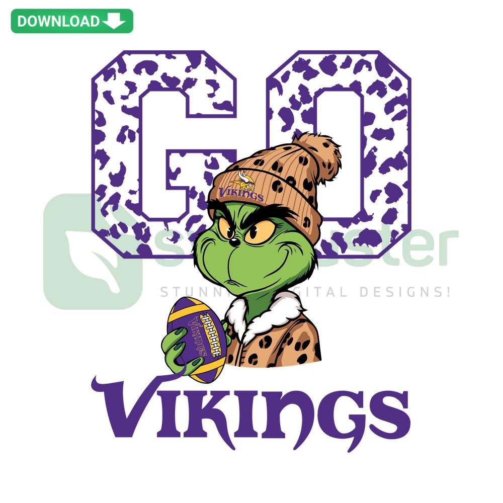Grinch Leopard Go Vikings Football SVG for T-Shirts; digital download with vibrant design perfect for sports fans.