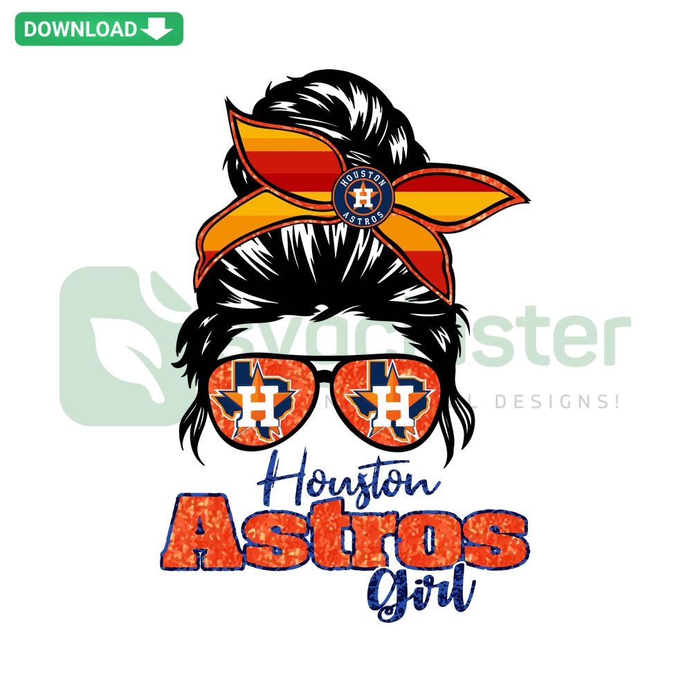 Baseball Houston Astros Girl Messy Bun SVG - Vector Design featuring a girl's face with messy bun, stars, and Astros logo.