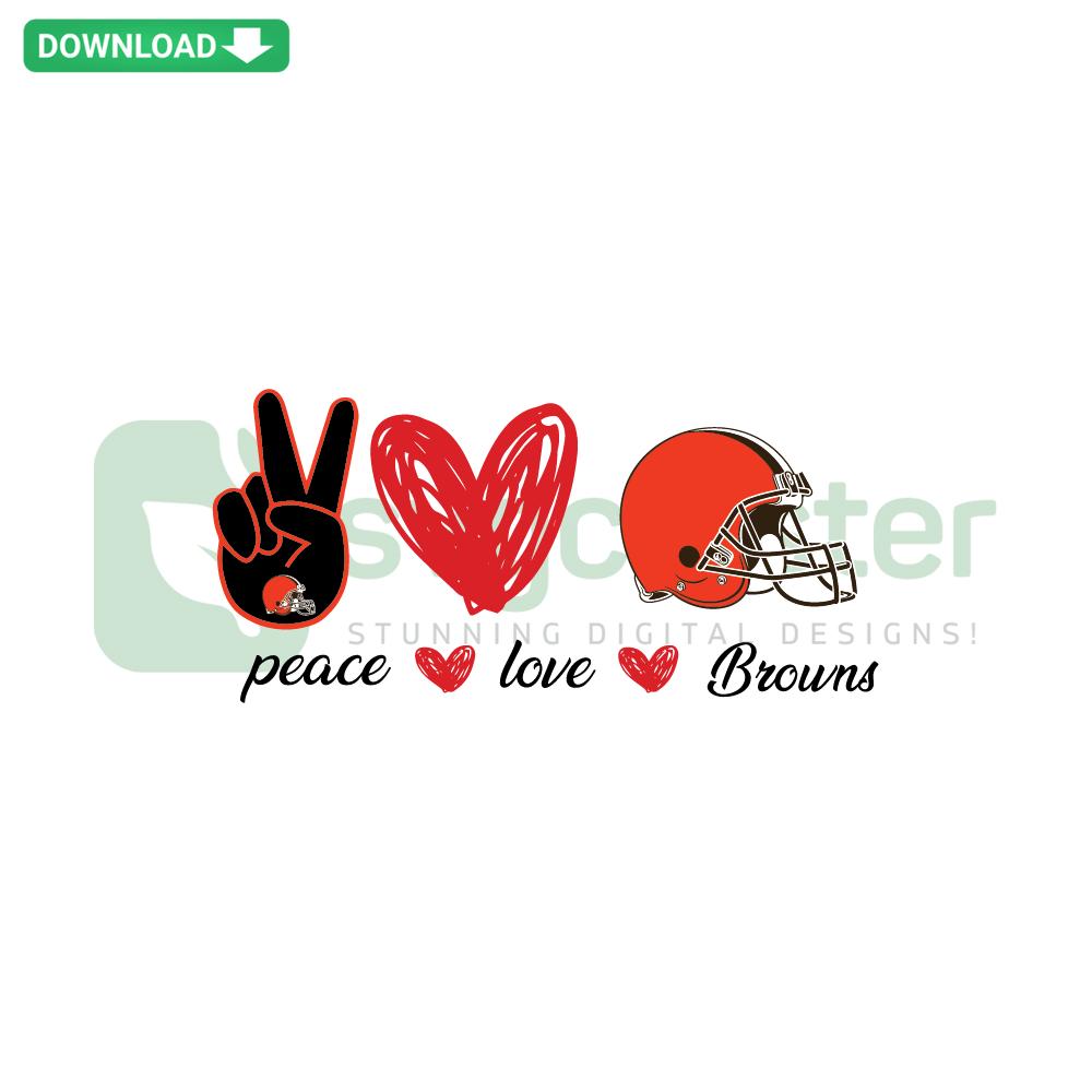 Cleveland Browns Peace Love SVG design featuring team colors, peace symbol, heart, and logo; Downloadable Vector Graphics.