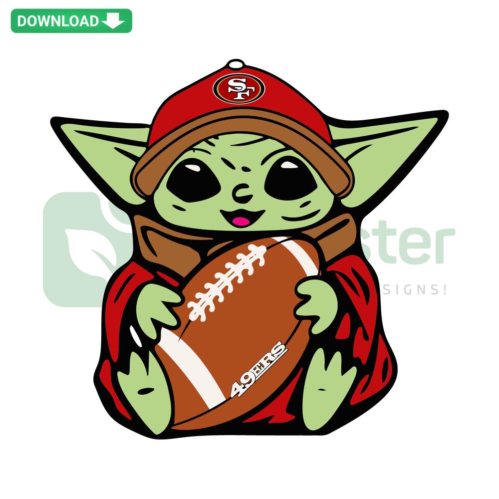 Baby Yoda wearing San Francisco 49ers gear, SVG digital design download, perfect for sports-themed crafts.