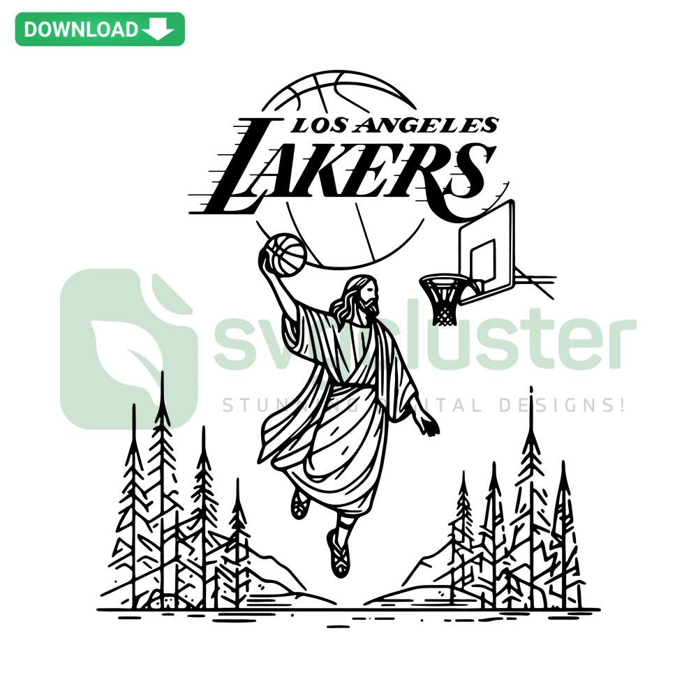 Jesus playing basketball in Lakers jersey SVG; unique printable design; digital download; humorous sports-themed artwork.