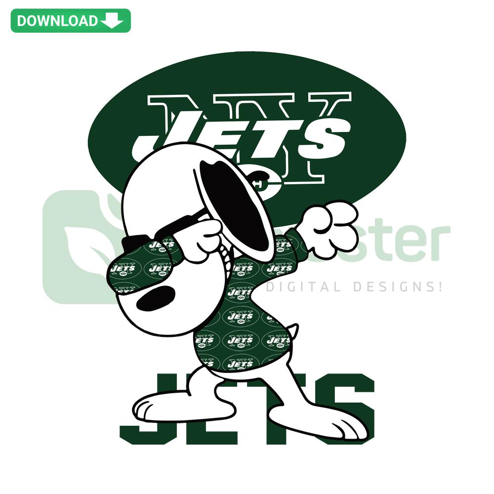 Dabbing Snoopy in New York Jets gear SVG for Cricut, digital download; sports-themed design, green and white colors.
