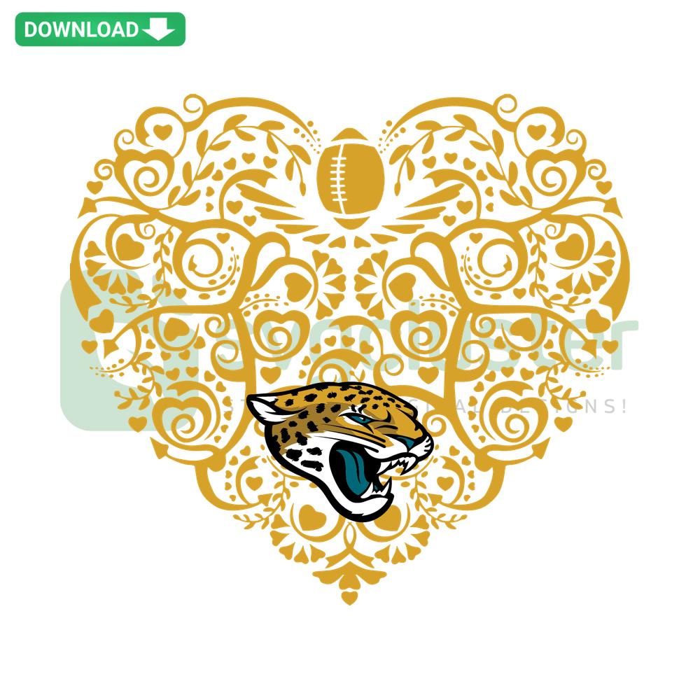 Jacksonville Jaguars Football Heart SVG design for Cricut, Silhouette cutters, featuring a football-themed heart with Jaguars logo.