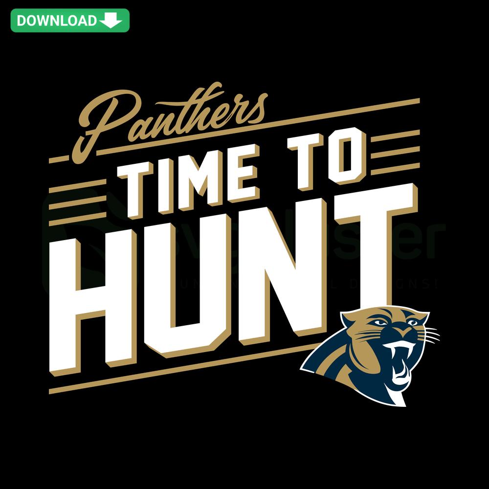 Panthers Time To Hunt Hockey SVG, sleek panther head with crossed hockey sticks, digital download for craft SVG patterns.