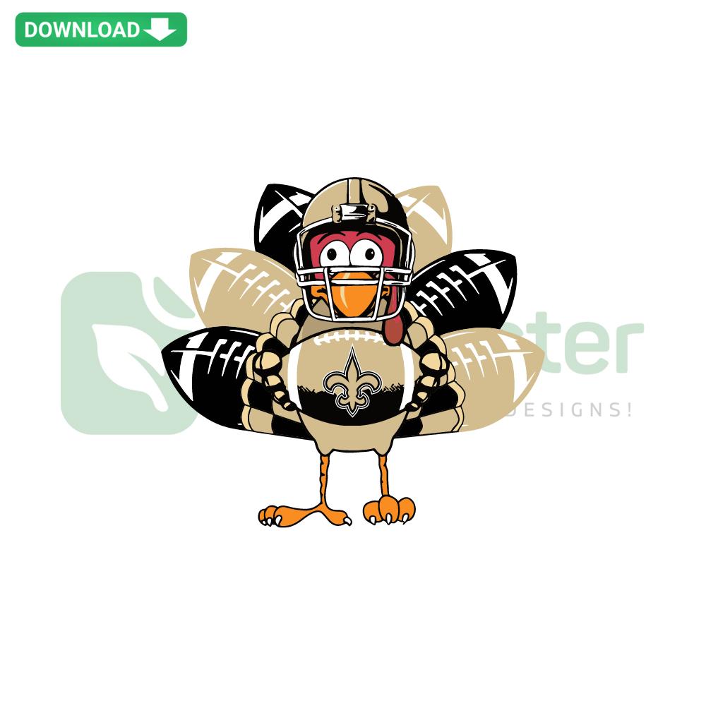 New Orleans Saints Turkey SVG, digital card template; festive Thanksgiving football design, SVG download for craft projects.