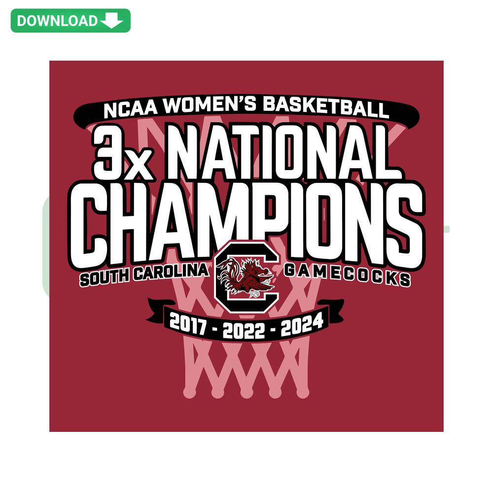 3X National Champions South Carolina Gamecocks SVG with bold text and team logo, perfect for instant digital download.