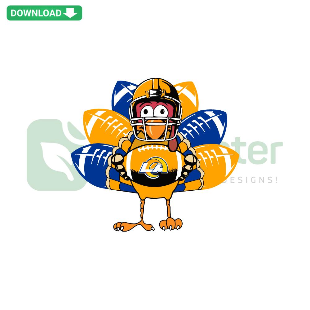 Los Angeles Rams Turkey SVG, Thanksgiving-themed digital download with Rams logo and festive turkey illustration.