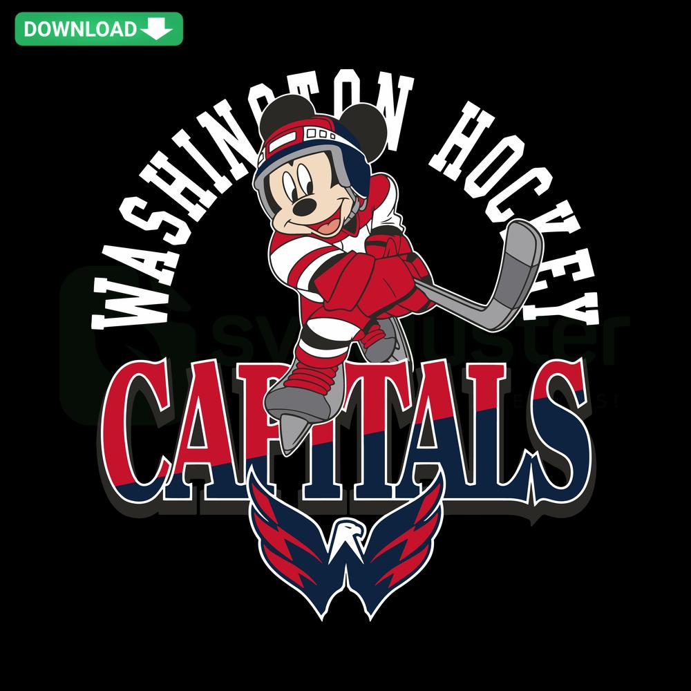 Mickey Mouse Play Hockey Washington Capitals SVG, perfect for Cricut/Silhouette, featuring Disney character in Capitals jersey.