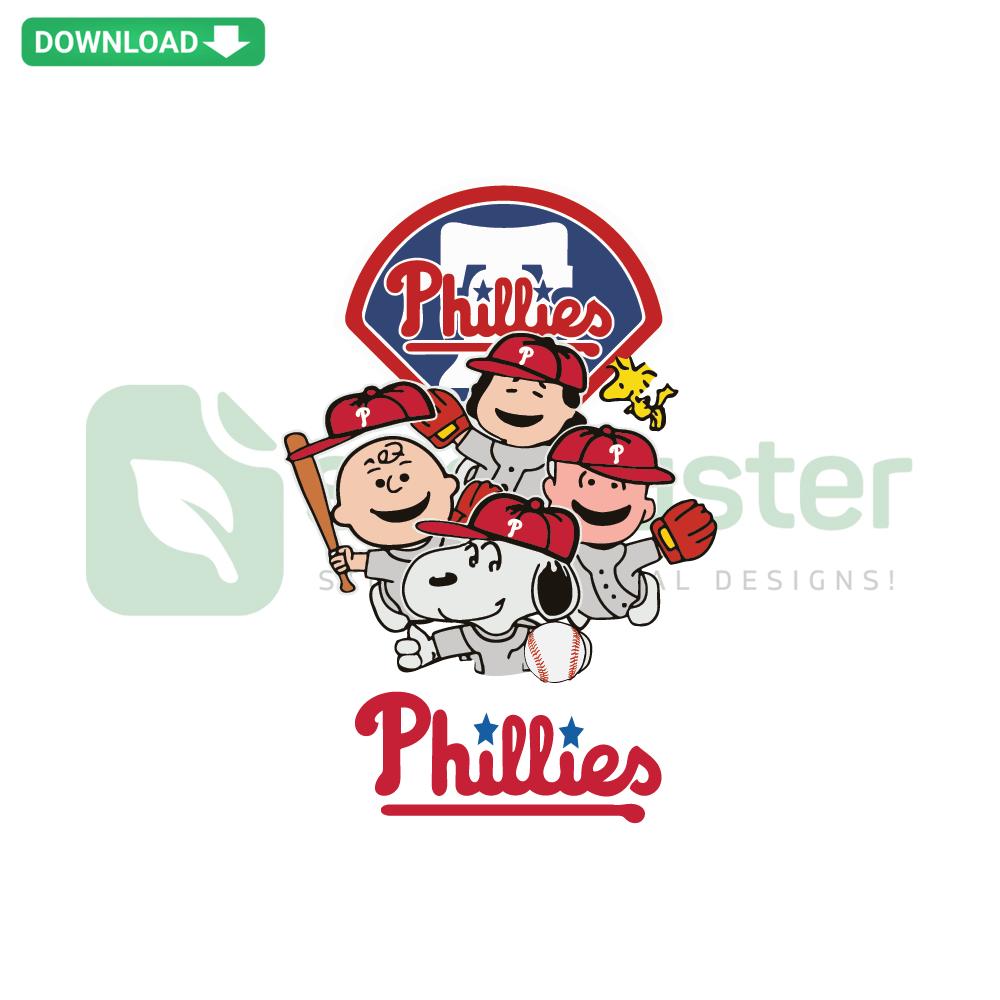 Snoopy and friends wearing Philadelphia Phillies uniforms, baseball SVG, printable craft design, Peanuts baseball art.